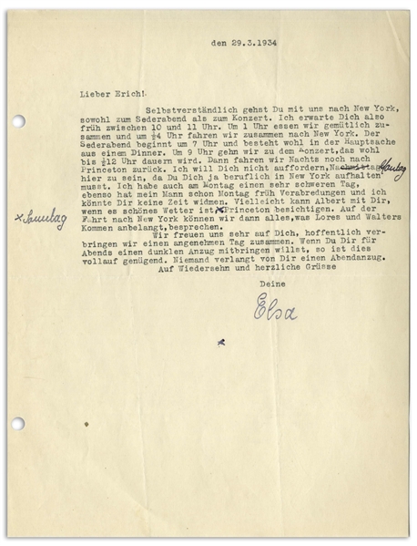 Elsa Einstein Letter Signed in 1934 -- ''...Albert will be able to have a stroll and a look around Princeton with you...''